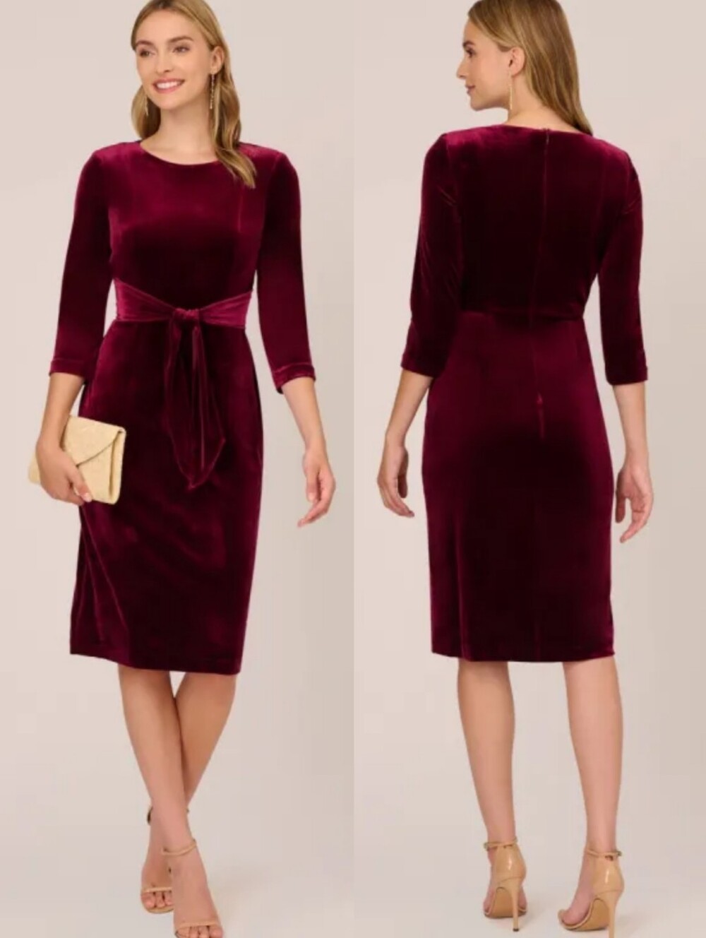 Adrianna Papell Velvet Tie Front Midi Dress Three Quarter Sleeves Burgundy 16